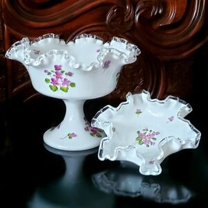 (2pc) Fenton Silver Crest 💜Violets In The Snow 🤍 Handpainted Compote & Bon Bon